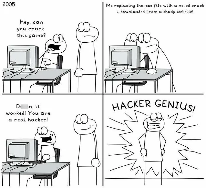 Hoppy Doodle comic showing characters hacking a game with a no-cd crack from a shady website