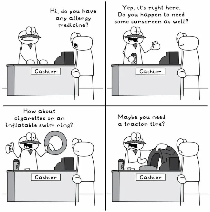 Hoppy Doodle comic at a cashier offering unusual items like a tractor tire