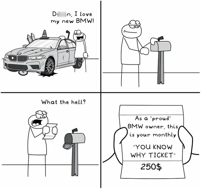 Hoppy Doodle comic with man upset about monthly BMW parking ticket