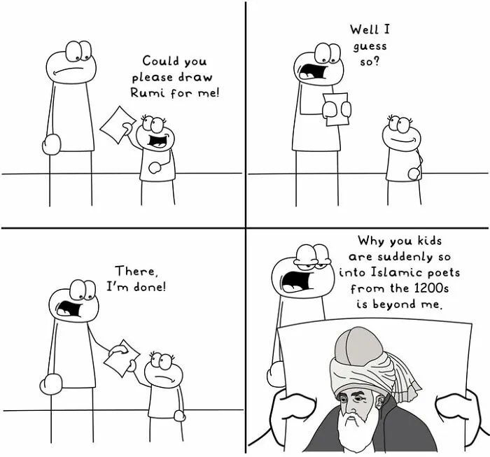 Hoppy Doodle comic where character draws Rumi, the Islamic poet