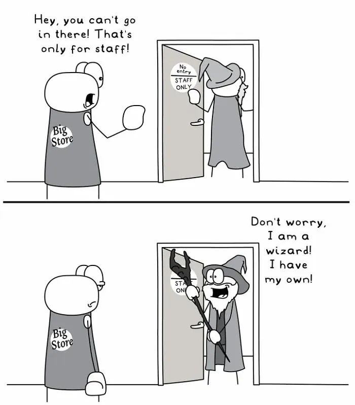 Hoppy Doodle comic with wizard entering staff-only area using magic