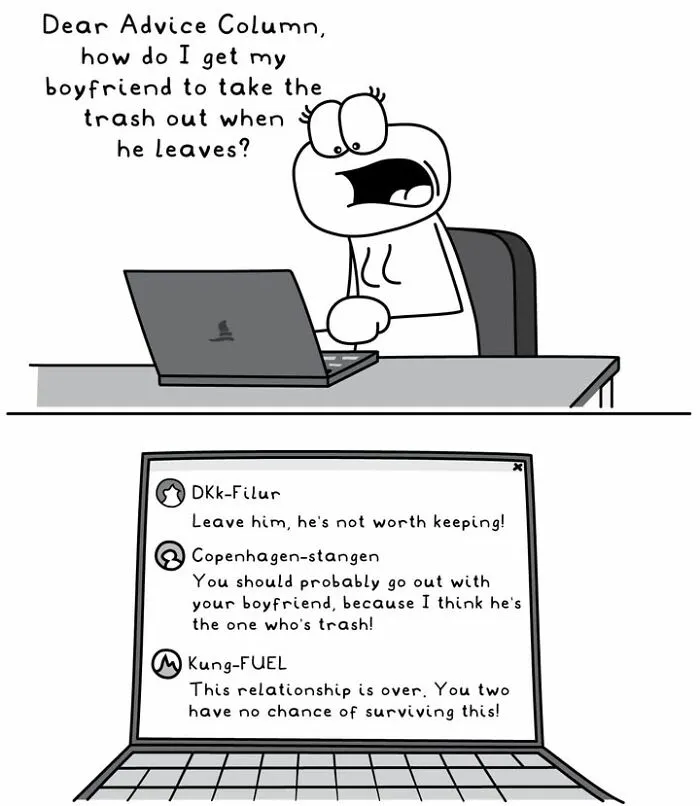 Hoppy Doodle comic shows woman asking advice on getting boyfriend to take out trash