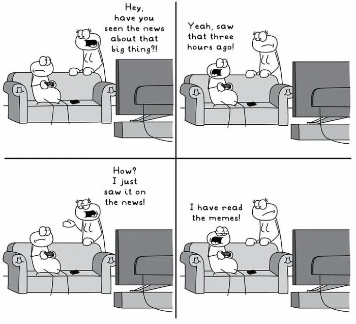 Hoppy Doodle comic showing characters talking about news and memes on TV with humor