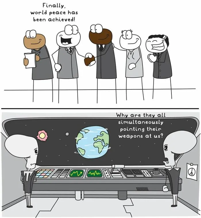Hoppy Doodle comic depicting world peace irony with aliens pointing weapons at Earth