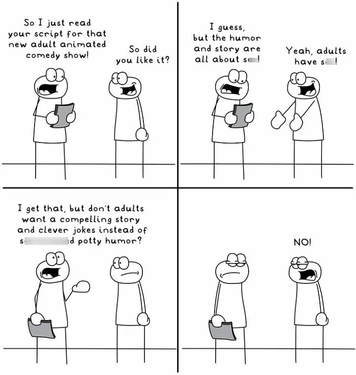 Hoppy Doodle comic on adult animated comedy script and potty humor debate