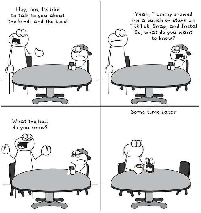 Hoppy Doodle comic about a parent son talk and social media knowledge humor