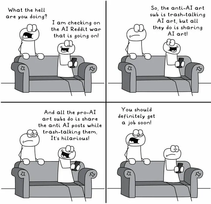 Hoppy Doodle comic discussing AI Reddit war and art sub trash-talking humor