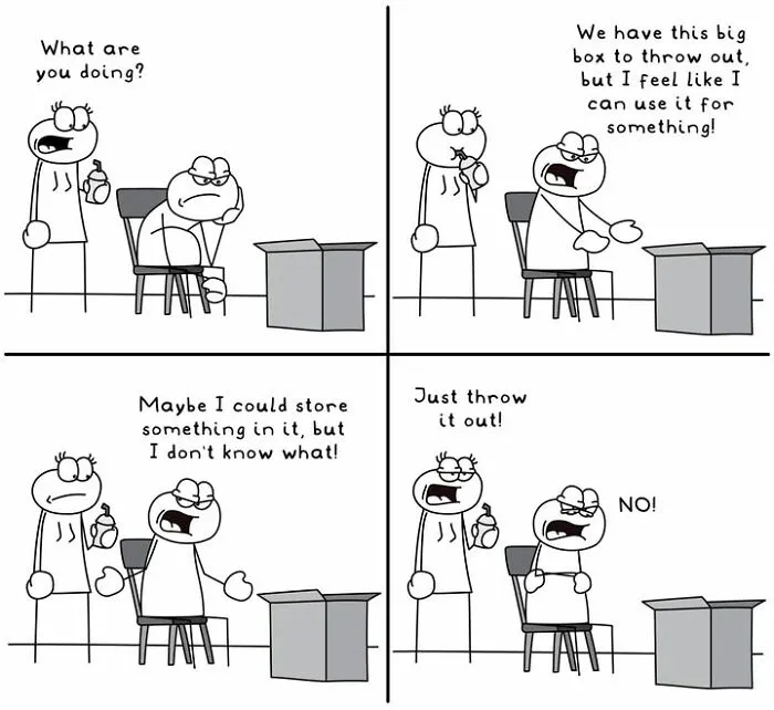 Hoppy Doodle comic with characters debating whether to keep or throw out a big box