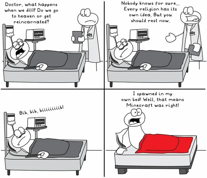 Hoppy Doodle comic depicting a patient and doctor discussing life and Minecraft humor