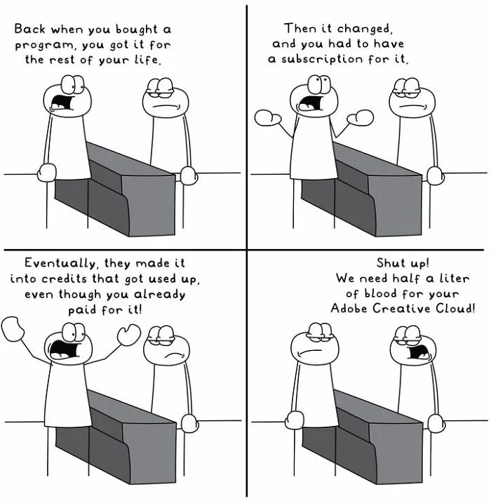 Hoppy Doodle comic about software subscriptions using Adobe Creative Cloud joke
