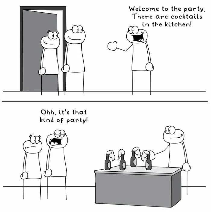 Hoppy Doodle comic showing characters at a party with humor about cocktails in the kitchen
