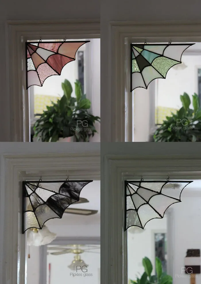 A collage showing four stained glass spiderweb corner decorations for spooky Halloween home decor.