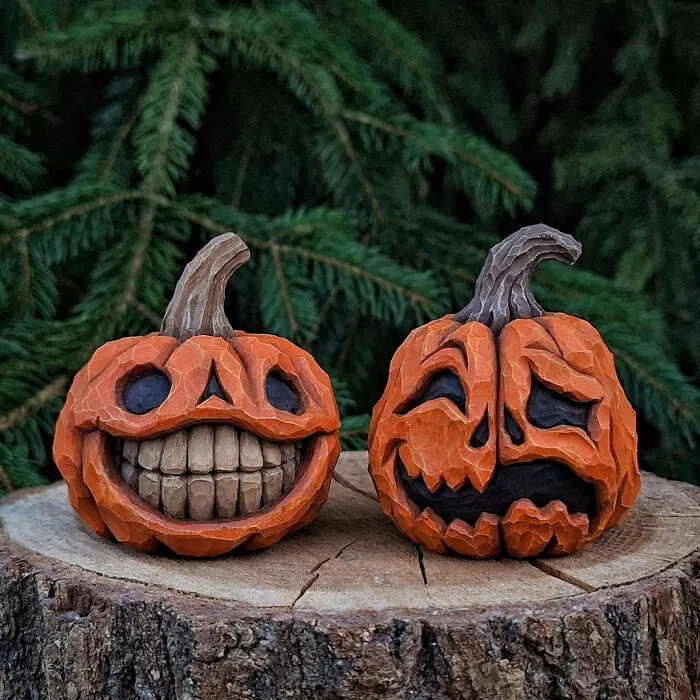 Carved wooden Jack-o'-lanterns displaying funny faces for Halloween decor