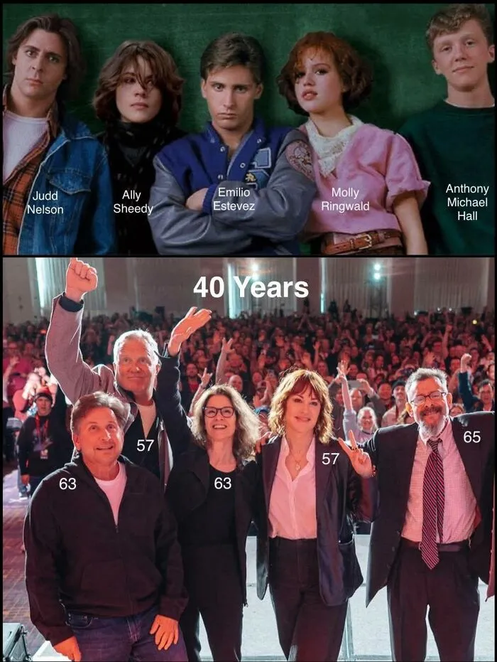 Side-by-side comparison of the cast of The Breakfast Club then and now, iconic for 80s kids nostalgic photos