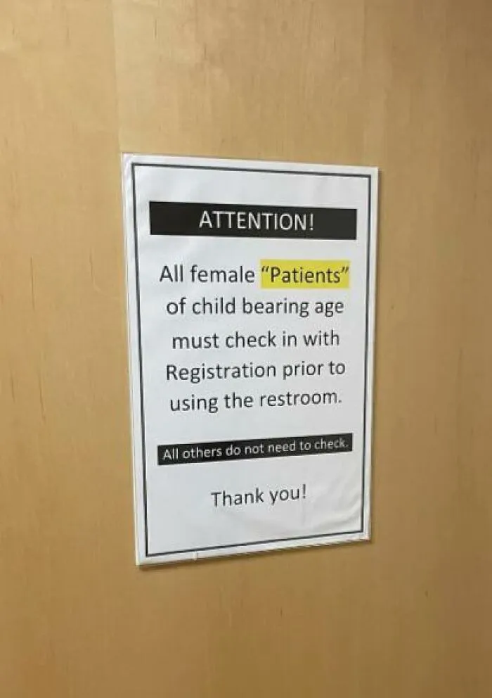 A medical notice posted on a door misusing quotation marks around the word patients.