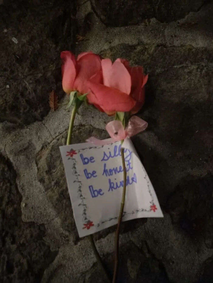 Two pink roses attached to a small found paper note reading be silly, be honest, be kind.