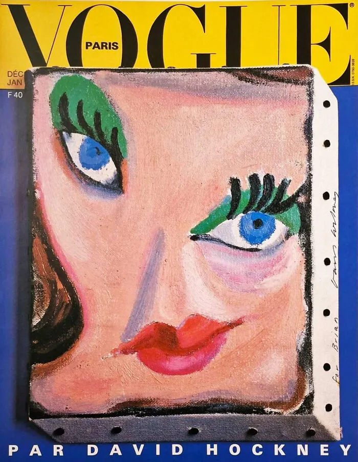 Colorful vintage Vogue cover painted by David Hockney, featuring an abstract fashion illustration of a face.