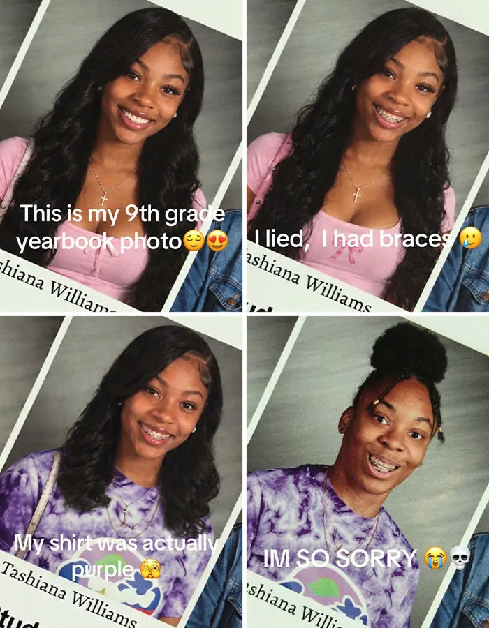 Yearbook photo transformation series participating in the viral I am so sorry TikTok trend
