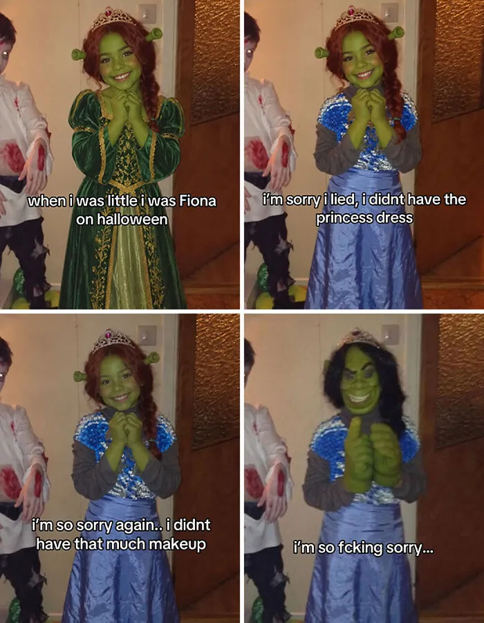 Four panel image showing a Fiona costume transformation for the I am so sorry TikTok trend