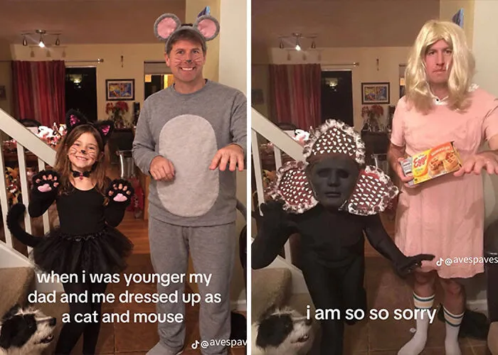 I am so sorry TikTok trend showing a Halloween costume photo transformation into a Demogorgon costume