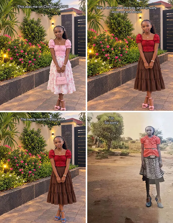 Four grid photos showing a girl editing her outfit back to a funny original photo for the I'm So Sorry TikTok trend.