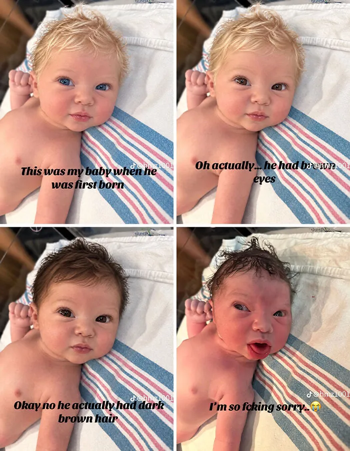 Four grid photos of a baby changing features ending in a funny face for the I'm So Sorry TikTok trend.