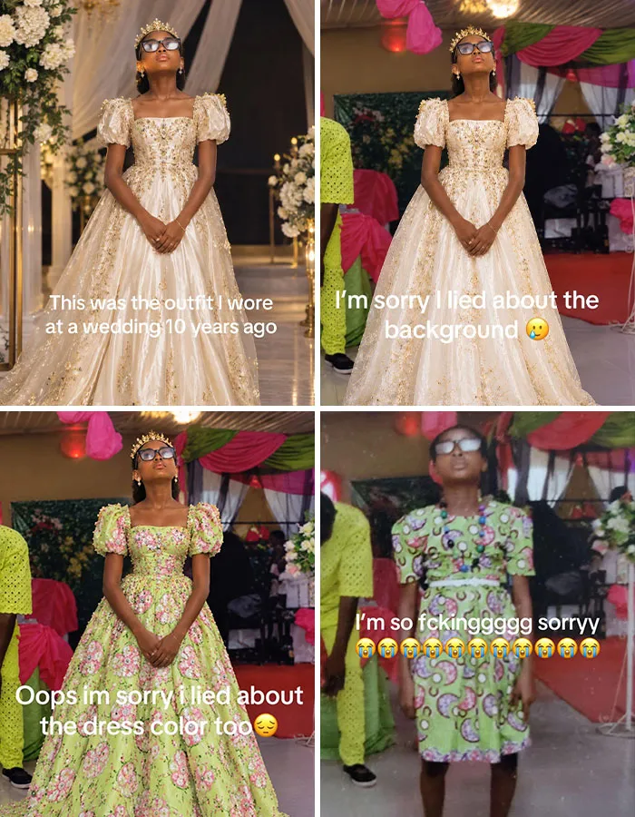 Viral hits TikTok trend meme featuring a four-panel edit revealing the true original photo of a woman in a dress