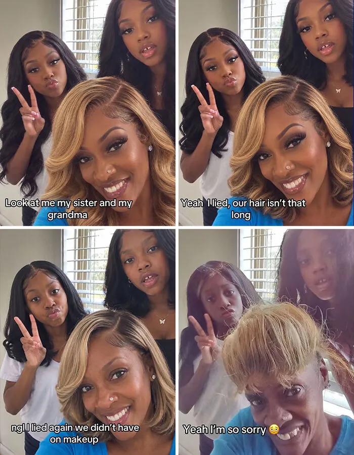 Four-panel viral TikTok trend meme revealing reality through progressive photos of three women with text overlays