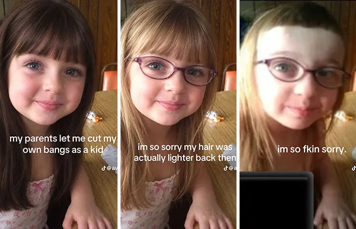 Three-panel meme showing a girl with botched haircut bangs participating in the I am So Sorry TikTok trend.