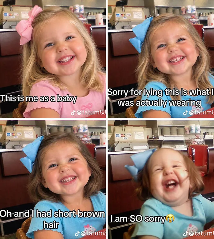 Four-panel comparison meme showing a toddler transformation for the viral I am So Sorry TikTok trend.