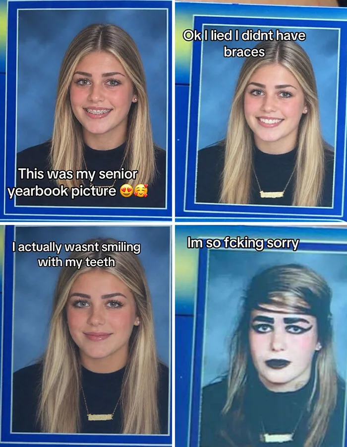 Four-panel image showing a high school yearbook portrait transformation for the I am So Sorry TikTok trend.