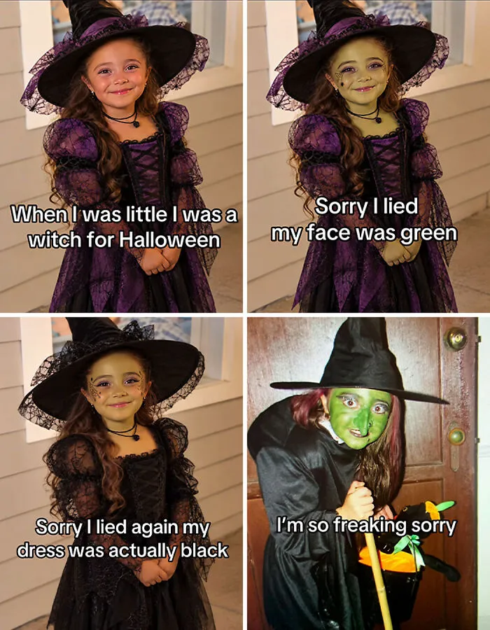 Four-panel I am So Sorry TikTok trend post showing a witch costume AI transformation revealing a funny real photo.