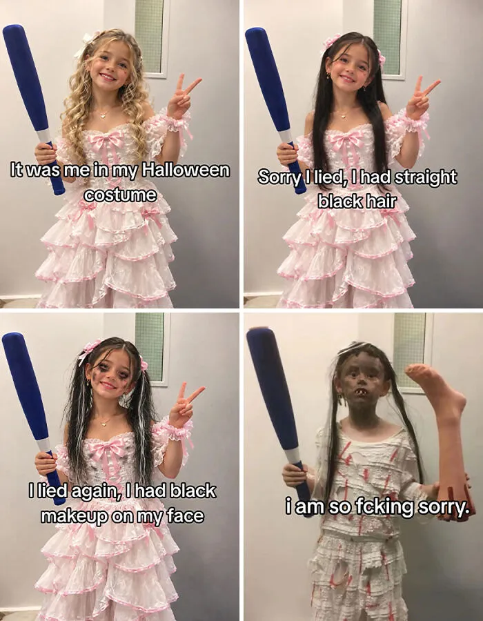 Four-panel I am So Sorry TikTok trend meme showing a cute girl in a pink dress transforming into a scary costume.