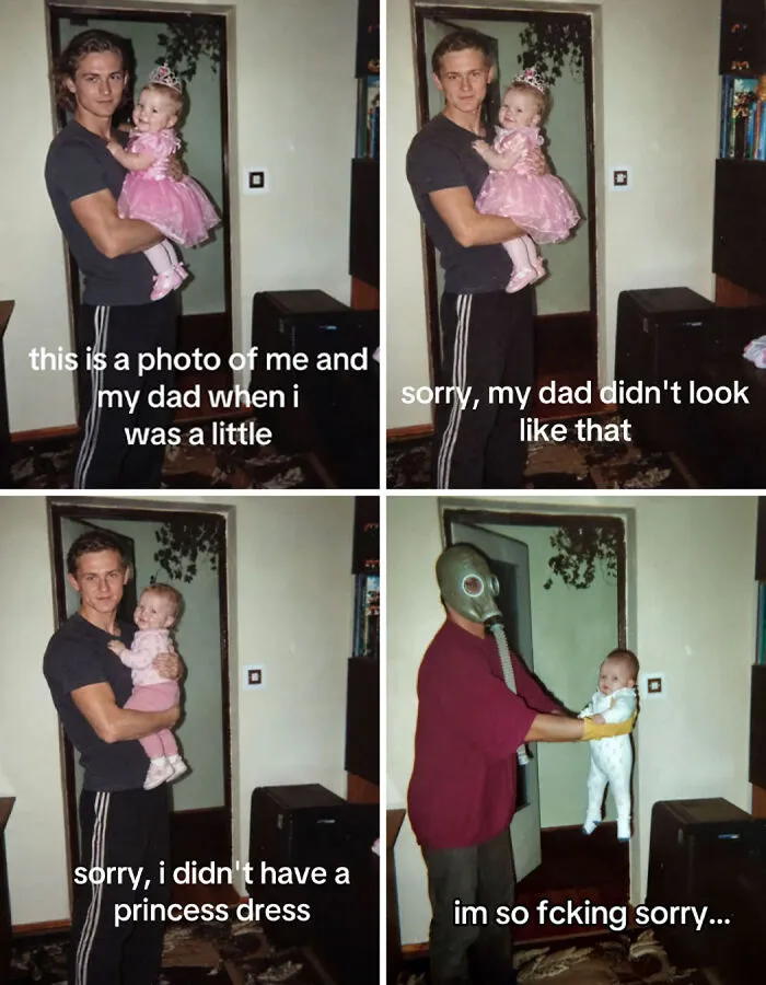 Viral I am so sorry TikTok trend showing a baby photo transformed into a person wearing a gas mask