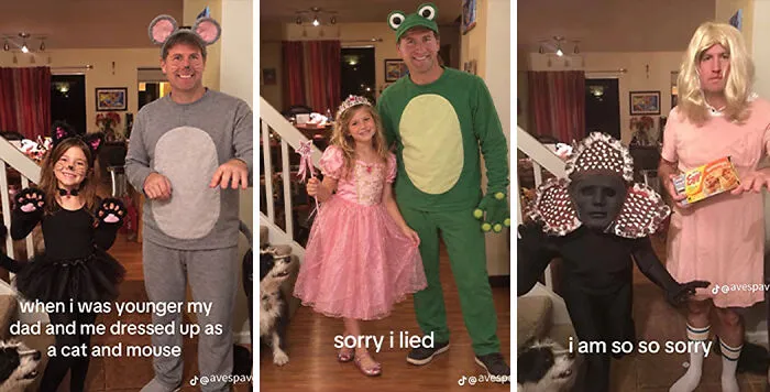Three photos displaying a humorous family costume transformation for the viral Im So Sorry TikTok trend.