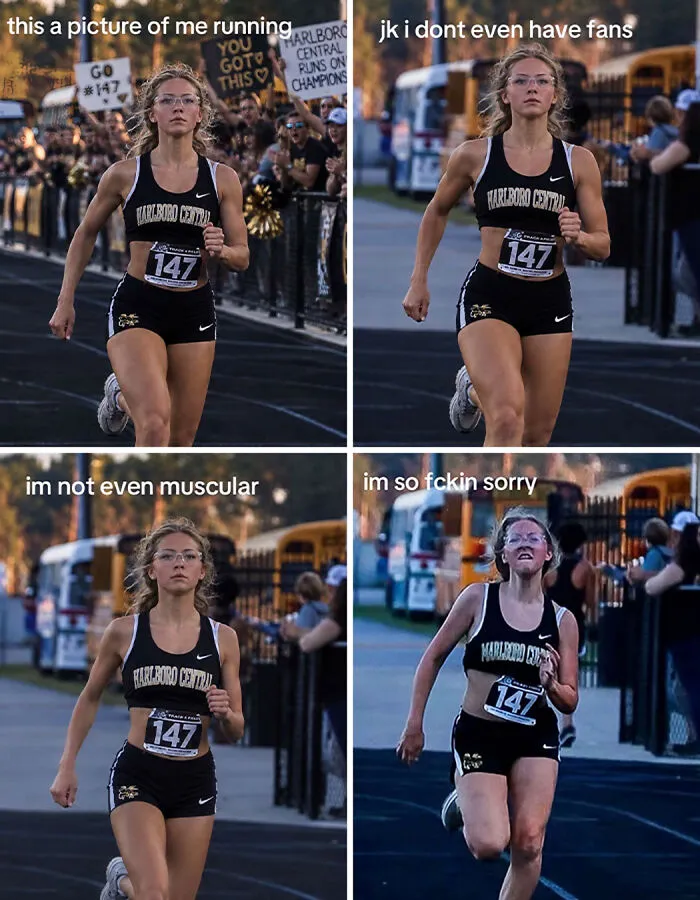 Four frames showing an AI image edit process of a track runner as part of the Im So Sorry TikTok trend.