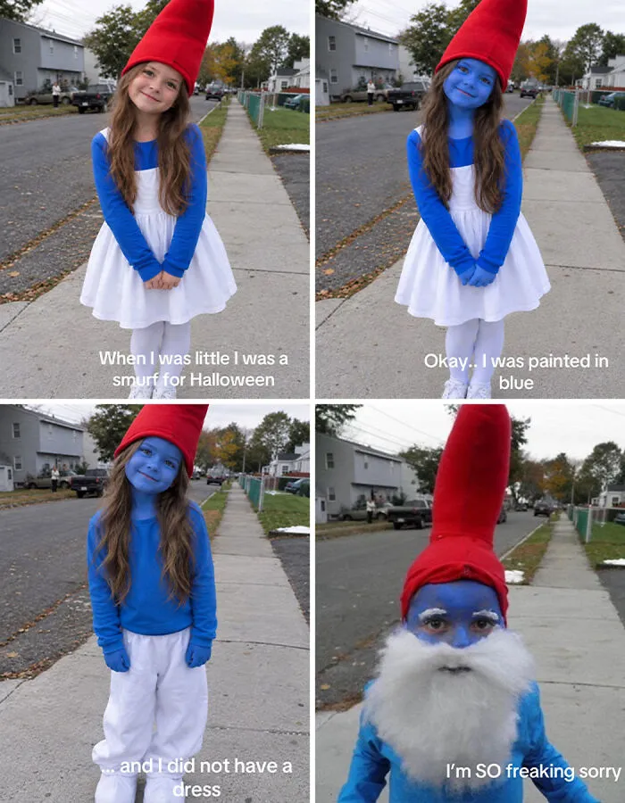 Four-panel meme illustrating a girl in a Papa Smurf costume, part of the viral Im So Sorry TikTok trend.