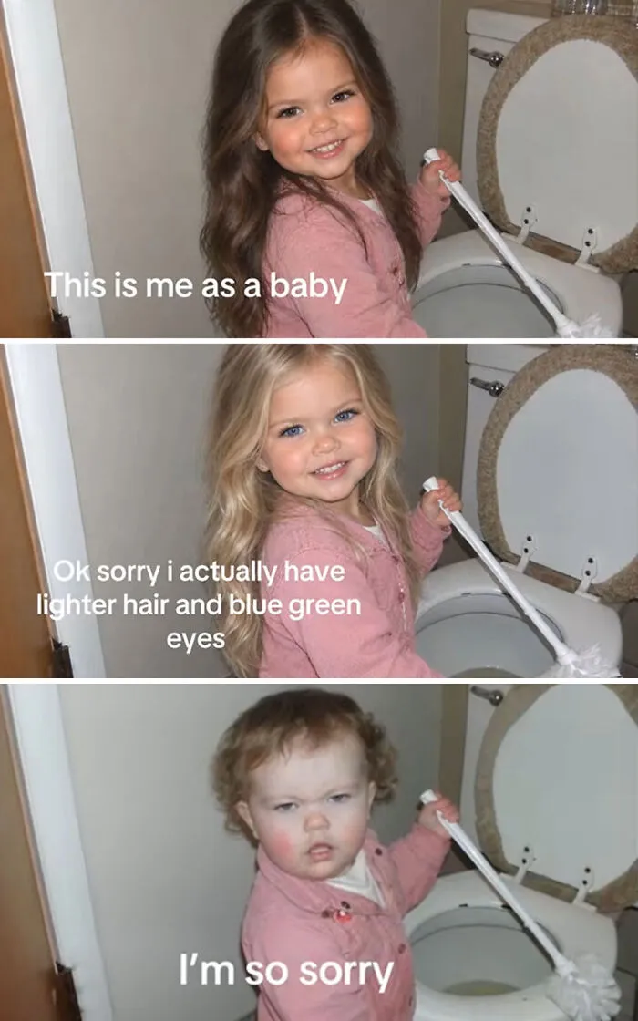 A sequence of three images depicting a toddler transformation as part of the Im So Sorry TikTok trend.