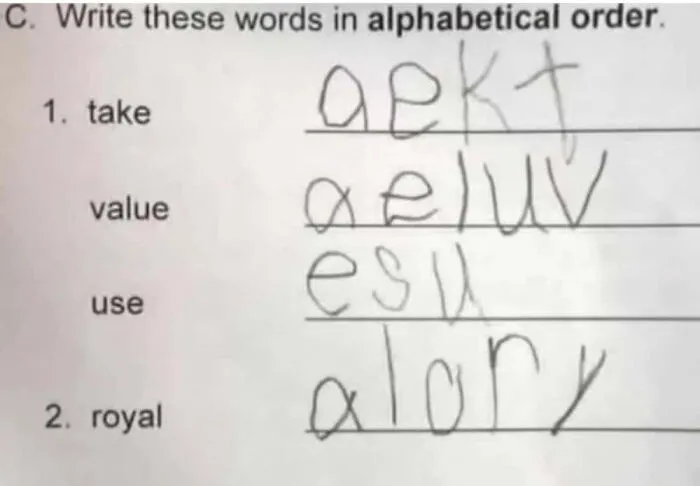 Child's homework showing words in alphabetical order in a funny way
