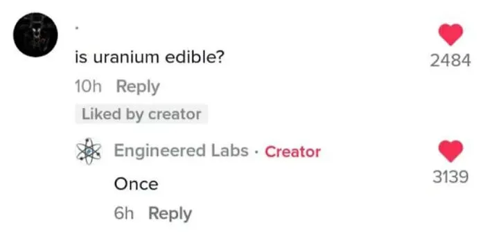 Funny meme about uranium edible question with creator's reply.