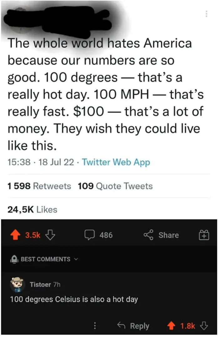 Technically correct meme about American numbers and hot days with a Celsius correction comment