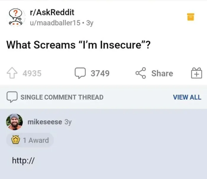 Reddit post asking what screams insecurity with a blank comment reply