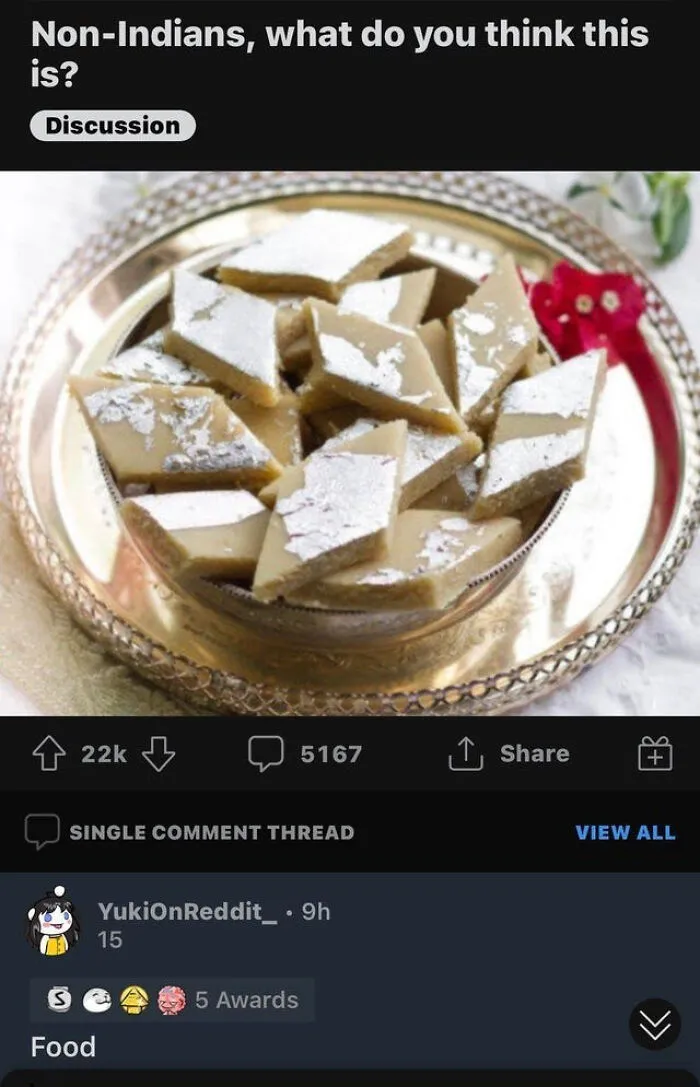 Discussion meme about traditional Indian sweet with silver leaf topping