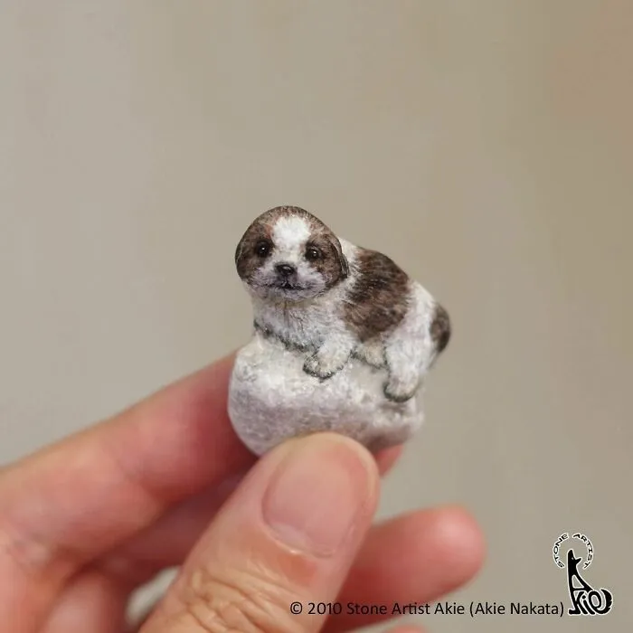 Hand holding small stone painted as detailed puppy by Japanese artist