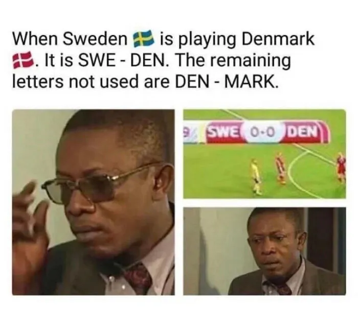 Meme explaining Sweden vs Denmark football abbreviation with surprised reaction
