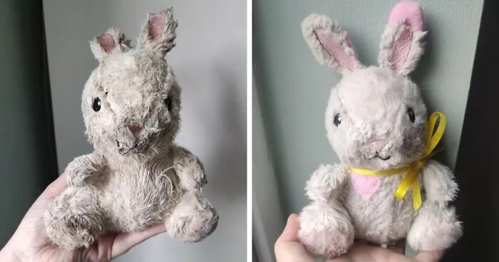 A restored stuffed rabbit toy before and after showing creativity that can save money.