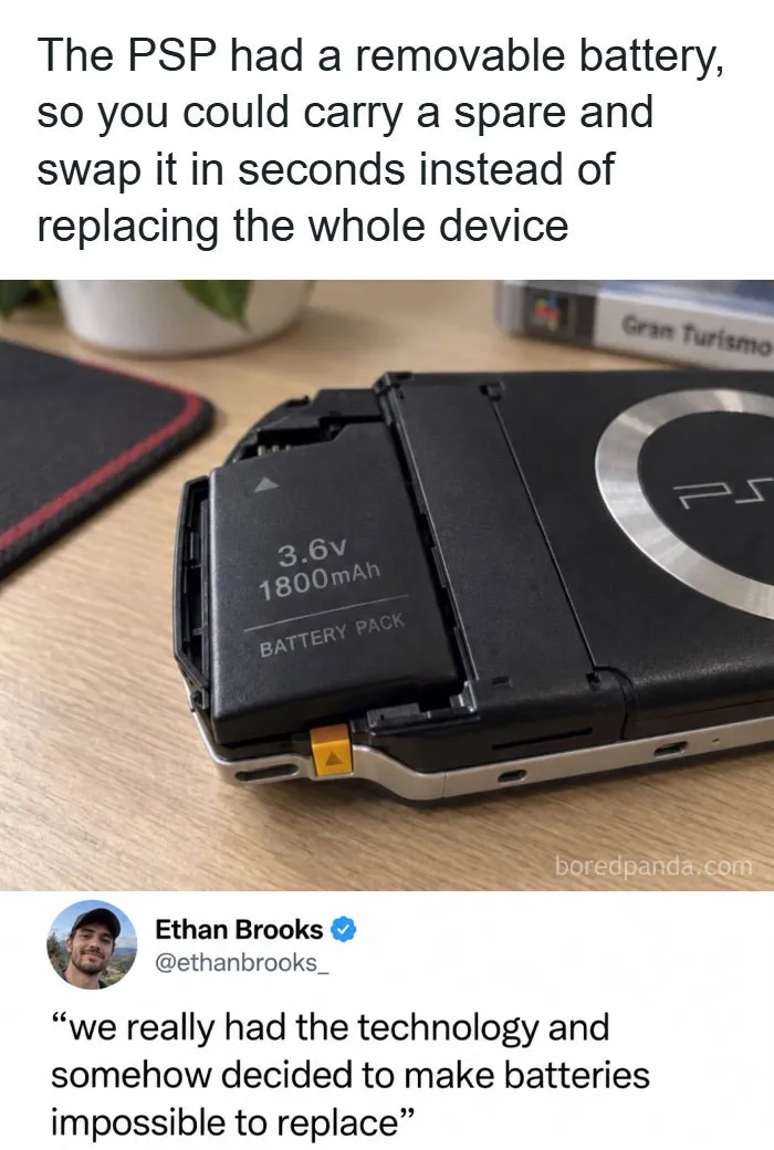 Close-up of a PSP console with its removable battery compartment open, featured in fun posts about nostalgia.