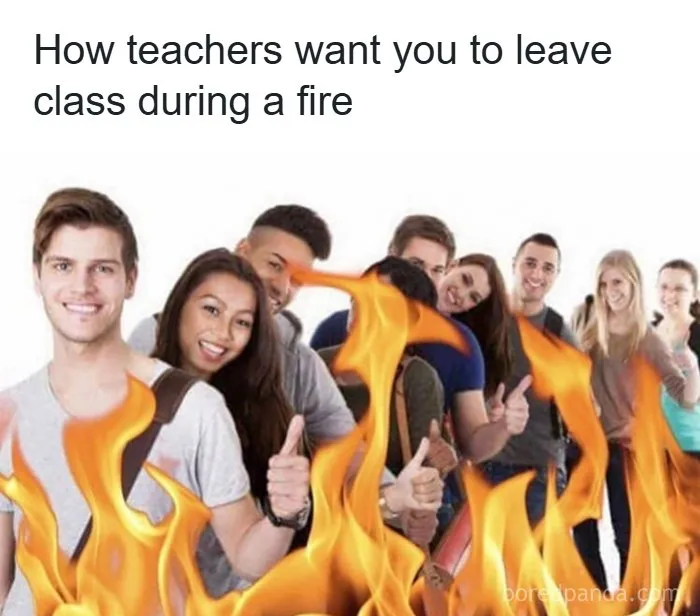 Funny British meme showing students happy during a fire drill at school