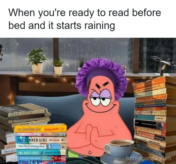 Patrick Star excited with a stack of books on raining night for reading