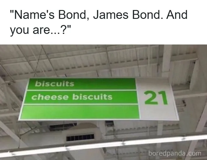 Store aisle sign for biscuits and cheese biscuits with James Bond joke